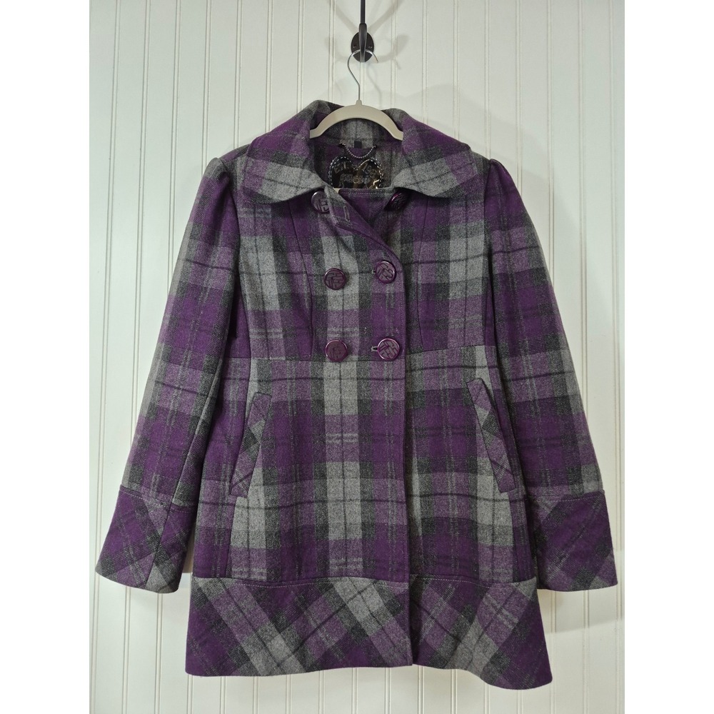 Guess Purple Grey Plaid Wool Blend Double Breasted Pea Coat Outdoor Preppy L
